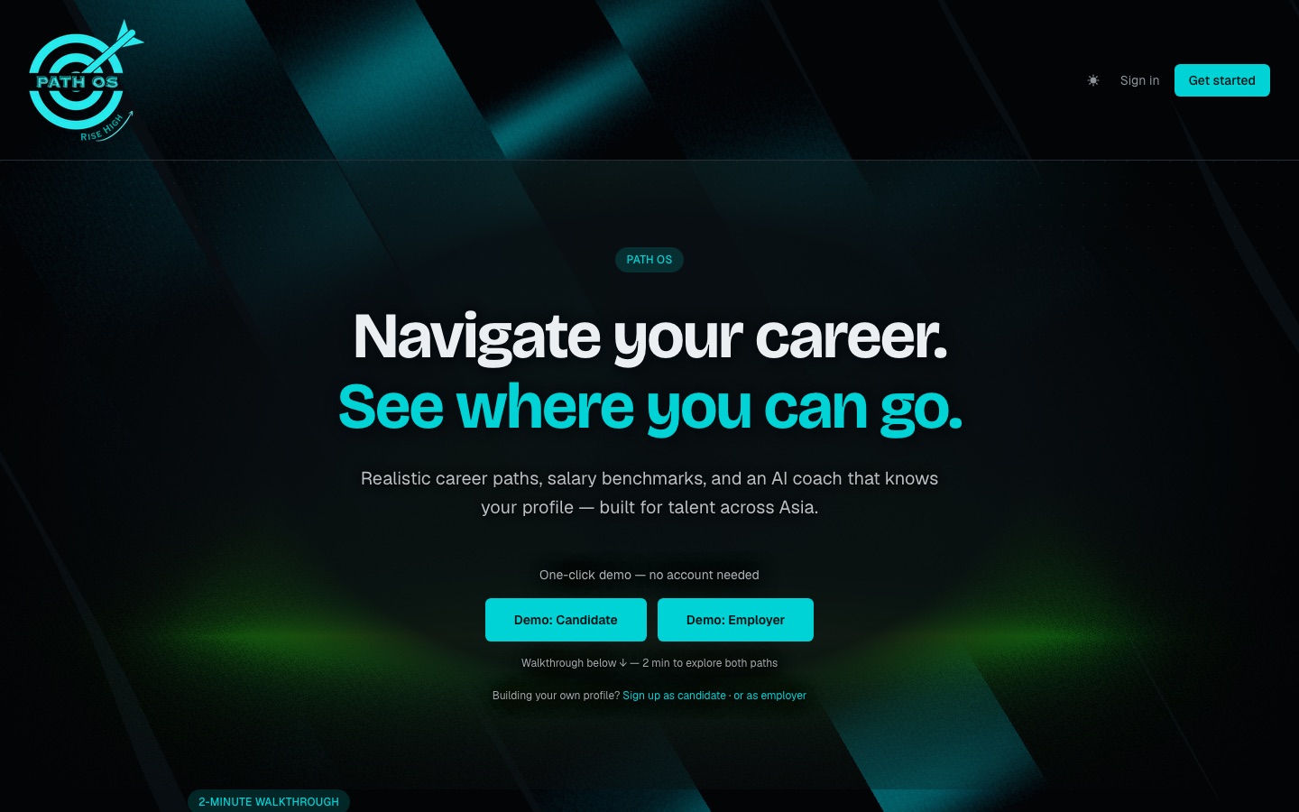 Path OS landing page in dark mode, with one-click candidate and employer demo buttons